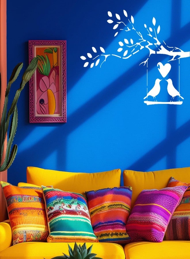 ARandNJ استنسل ARandNJ للرسم على الجدران (المقاس: 24 × 40 بوصة) - تصميم قابل لإعادة الاستخدام بنقشة طيور وزوجين، مناسب لغرفة النوم، غرفة الرسم، مدخل غرفة المعيشة (عبوة من قطعة واحدة) - Image 1